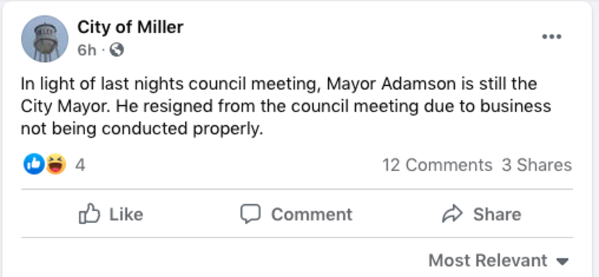 A post made to the city of Miller Facebook page on May 14, 2021.
